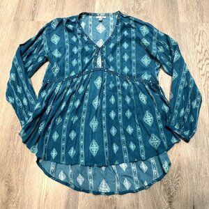 Amuse Society Teal Long Sleeve V-Neck Top Keyhole Cut Out High‎ Low Hem Size S